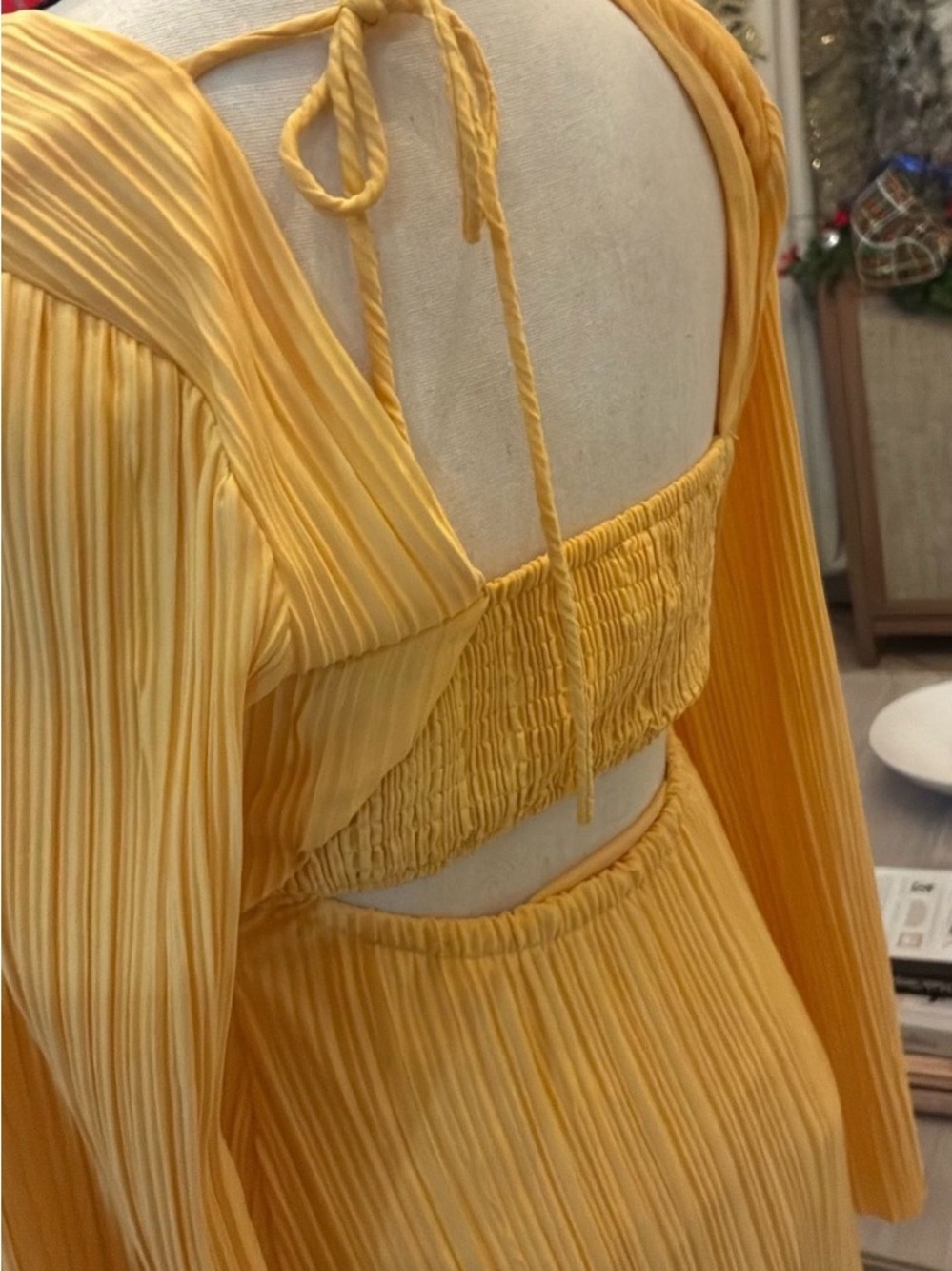 Yellow Pleated Long Sleeve Maxi Dress